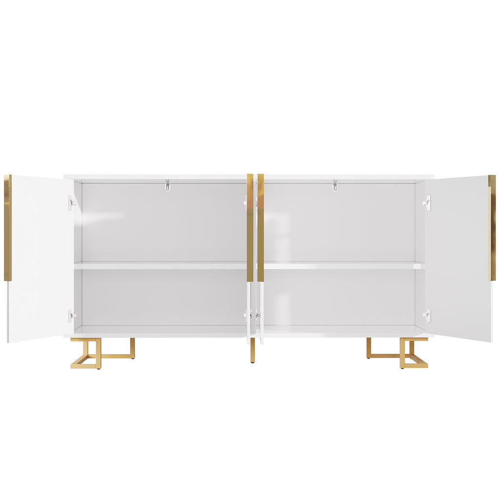 White sideboard (152 x 40 x 75 cm) features a unique geometric design and gold handles and feet for an elegant feel.