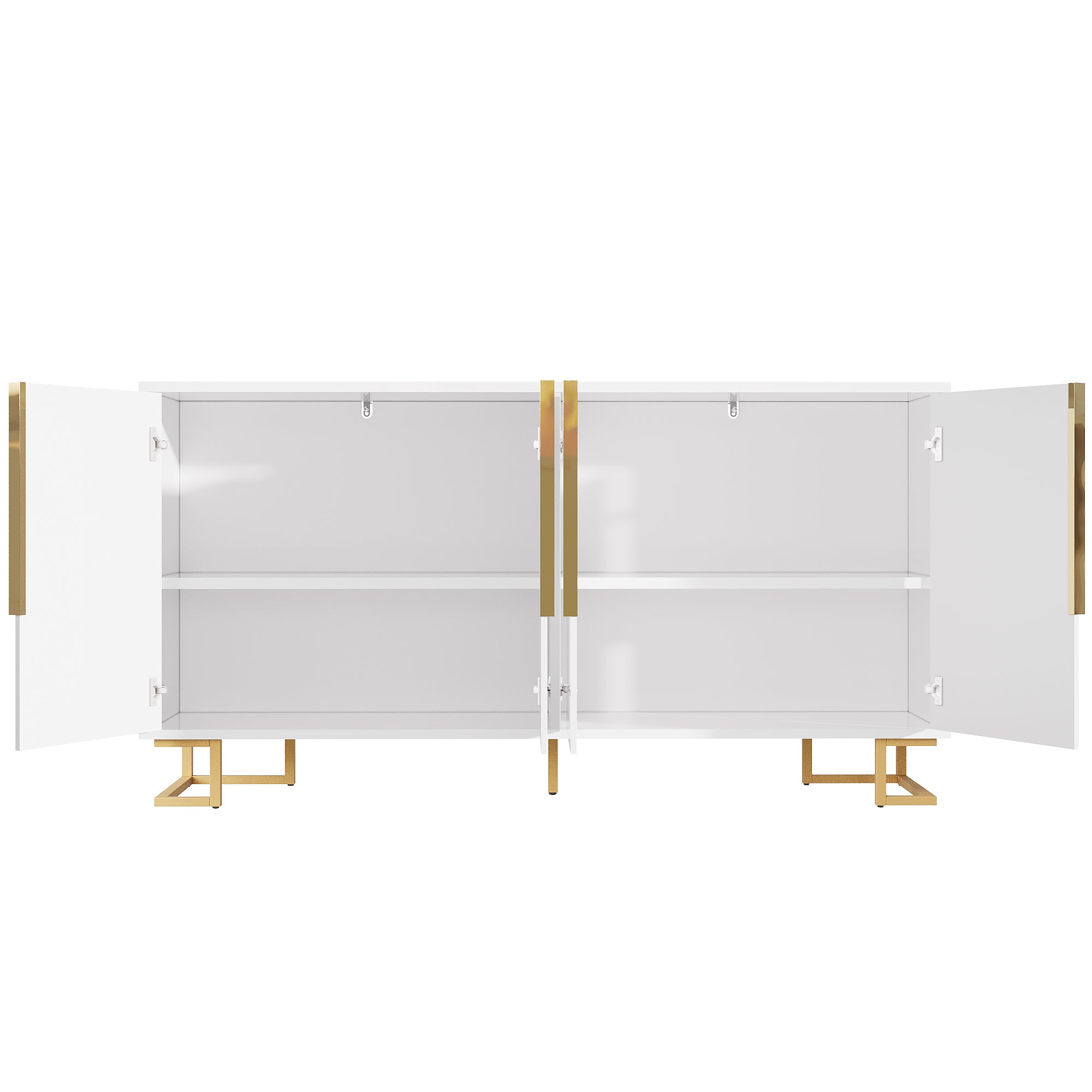 White sideboard (152 x 40 x 75 cm) features a unique geometric design and gold handles and feet for an elegant feel.