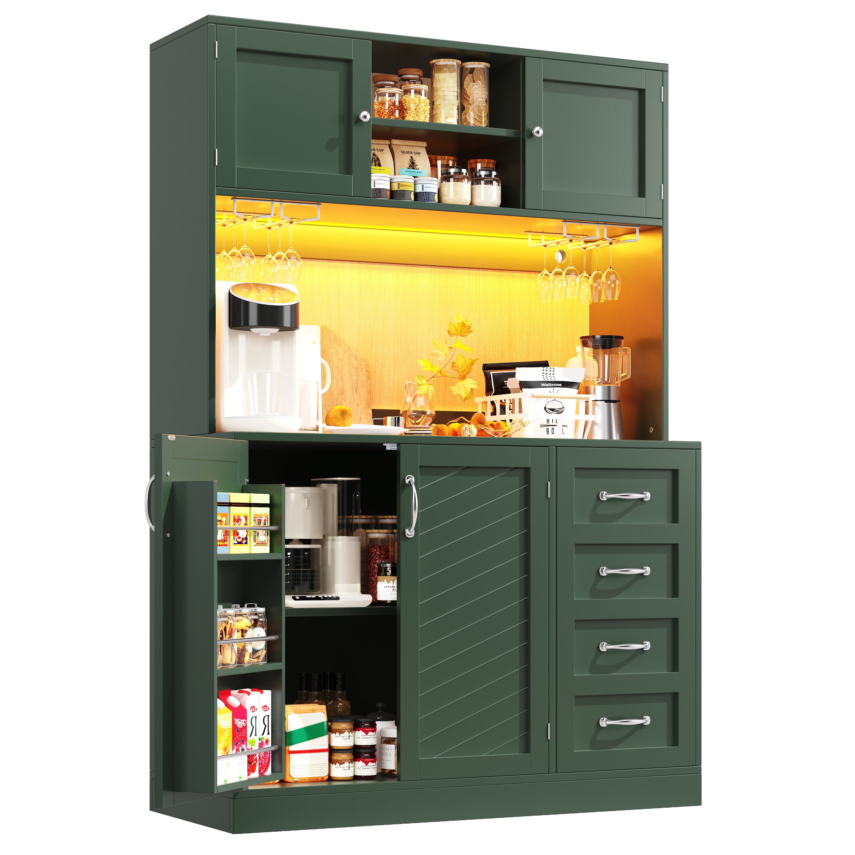 Sideboard / Storage Cabinet / Kitchen Cabinet / Buffet Cabinet, 120x40x188cm, with LED Lighting, Snack Rack & Drink Holders, 4 Doors & 2 Large Drawers, Green/White