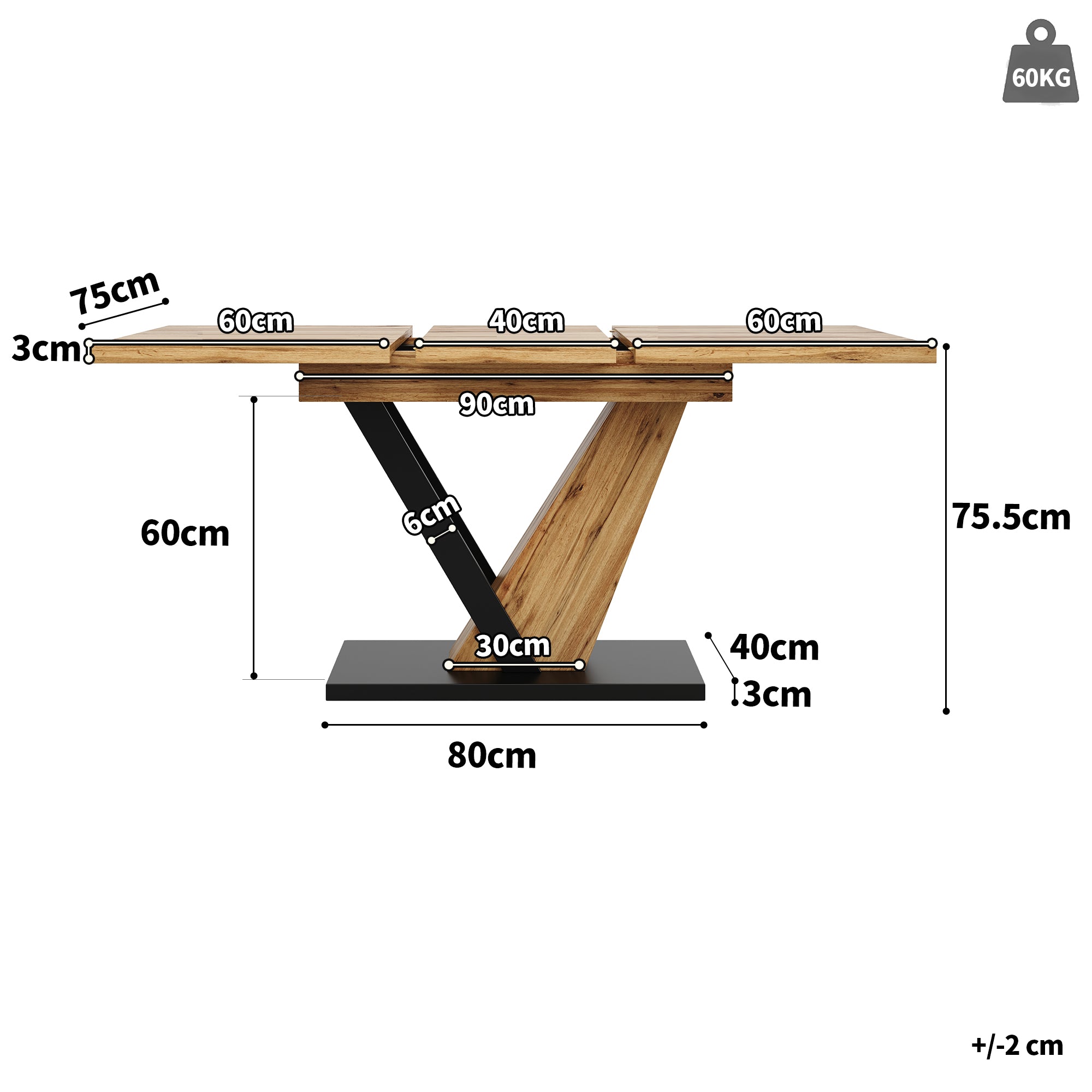 Extendable dining table (120–160 x 75 x 75.5 cm), table, kitchen table, extendable table, extends to 160 cm, suitable for kitchen and living room, tabletop with wood grain finish