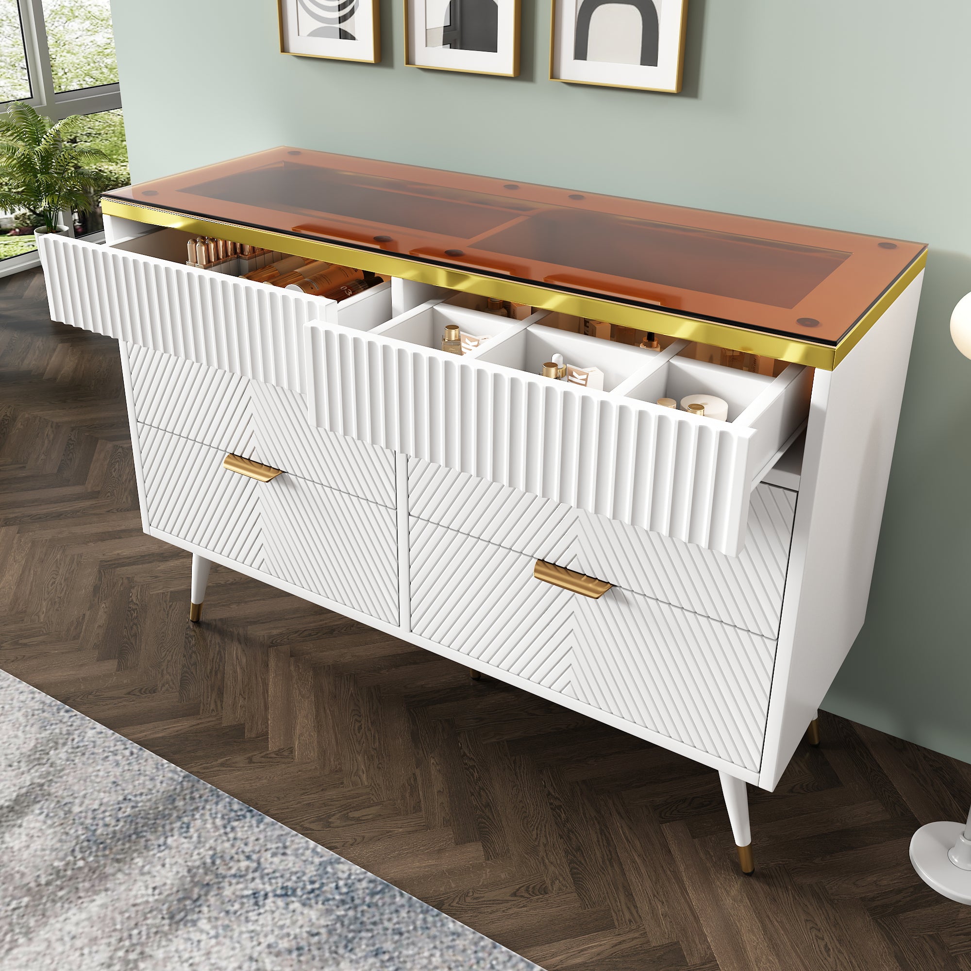 Sideboard Cabinet Dresser with 6 Drawers,Amber glass chest of drawers, Compartmentalised storage,Anti-tip,Dressing table for Living Room, Hallway, Bedroom, and Children's Room, 120 x 40 x 76 cm, White