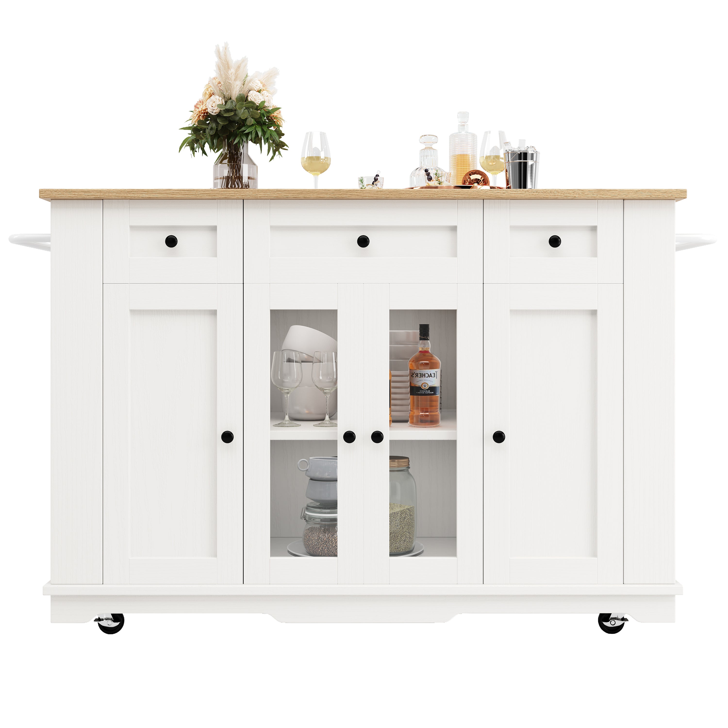 Kitchen island, (151.5x60x91.7cm)removable partitions, kitchen cabinet, dining trolley with worktop, sideboard, dining trolley with wood grain finish, sideboard, tempered glass cabinet, white/black