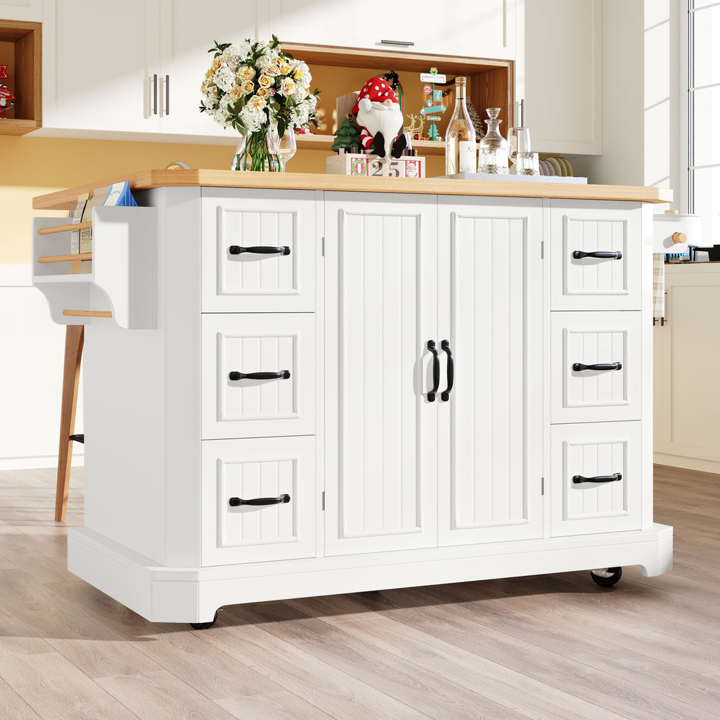 Mobile Kitchen Island Cart on Wheels - Cabinet with 2 Doors & 6 Drawers, Adjustable Width 45-75cm, White/Black