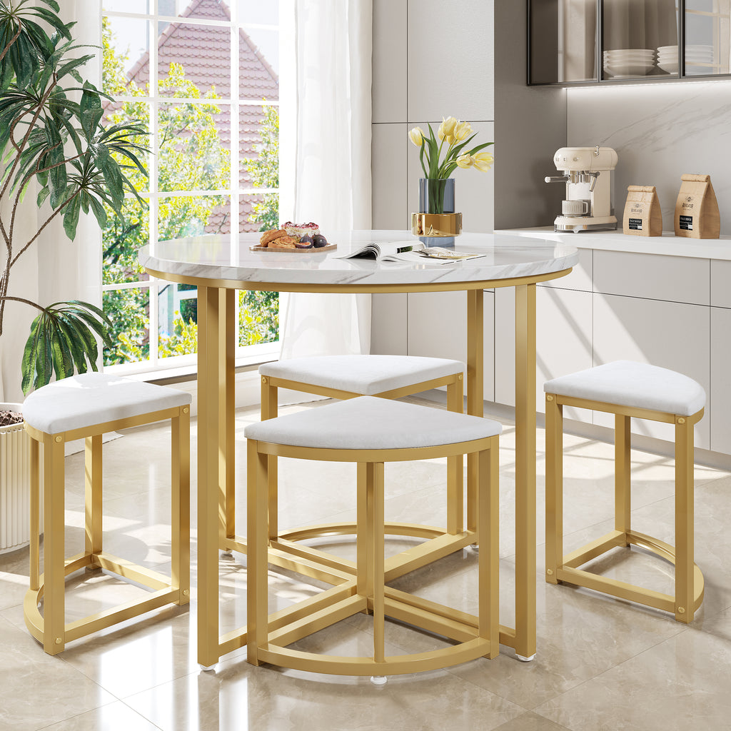 Dining room table set with four chairs, dining group with MDF tabletop and gold-plated iron frame, velvet chair, modern luxury tables and chairs, white
