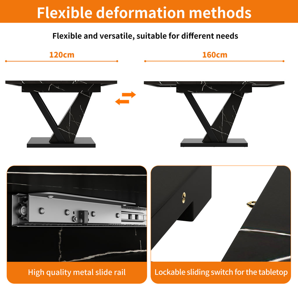 Dining table Telescopic table (120-160*75cm), extendable table, extendable to 120-160cm with the aid of internal insert panels, for kitchen and living room, dining table with black marble pattern