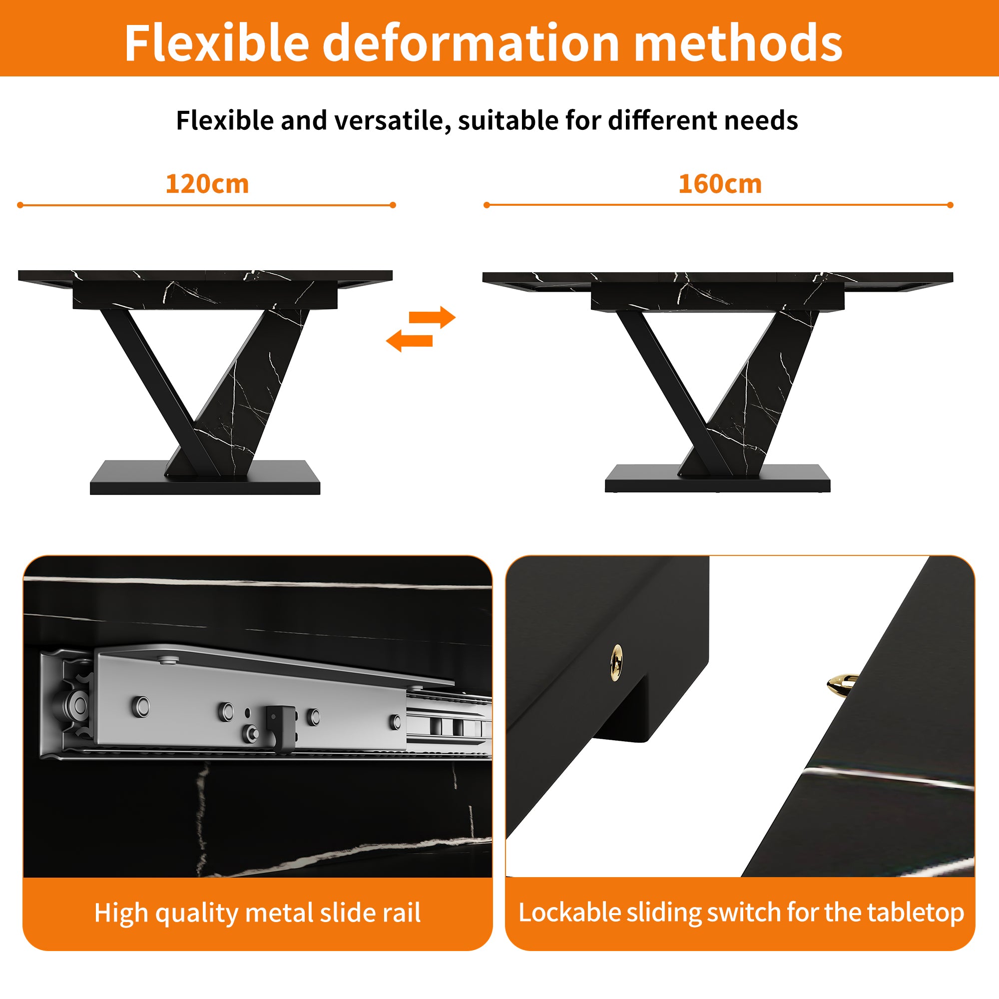 Dining table Telescopic table (120-160*75cm), extendable table, extendable to 120-160cm with the aid of internal insert panels, for kitchen and living room, dining table with black marble pattern