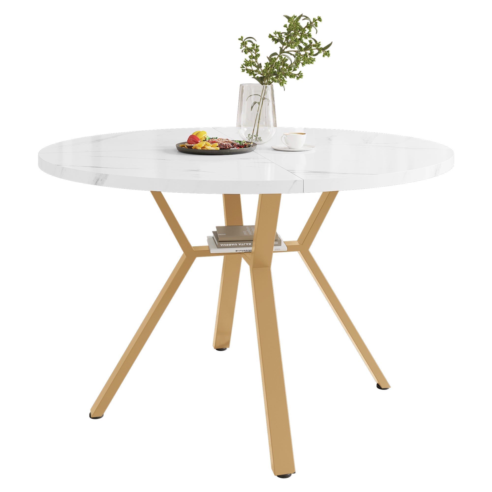 Dining table set, dining table and chair set (5-piece), modern, simple round marble dining table and chair set, gold-coloured metal table legs + 4 ergonomic linen chairs, gray dining chairs