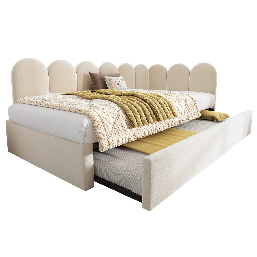 Upholstered Bed Daybed with Pull-Out Bed, 3FT Single Sofa Bed 90 x 190 cm, Guest Beds for Adults and Children, Bed with Slatted Frame, Velvet, Beige (No Mattress)