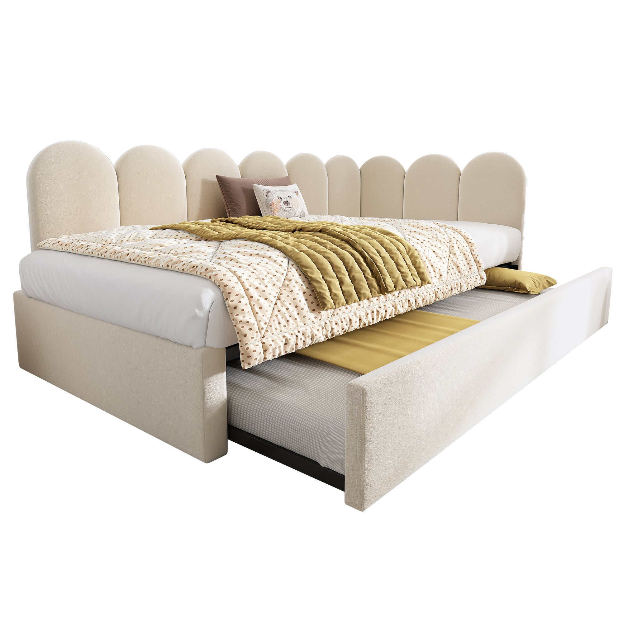 Upholstered Bed Daybed with Pull-Out Bed, 3FT Single Sofa Bed 90 x 190 cm, Guest Beds for Adults and Children, Bed with Slatted Frame, Velvet, Beige (No Mattress)