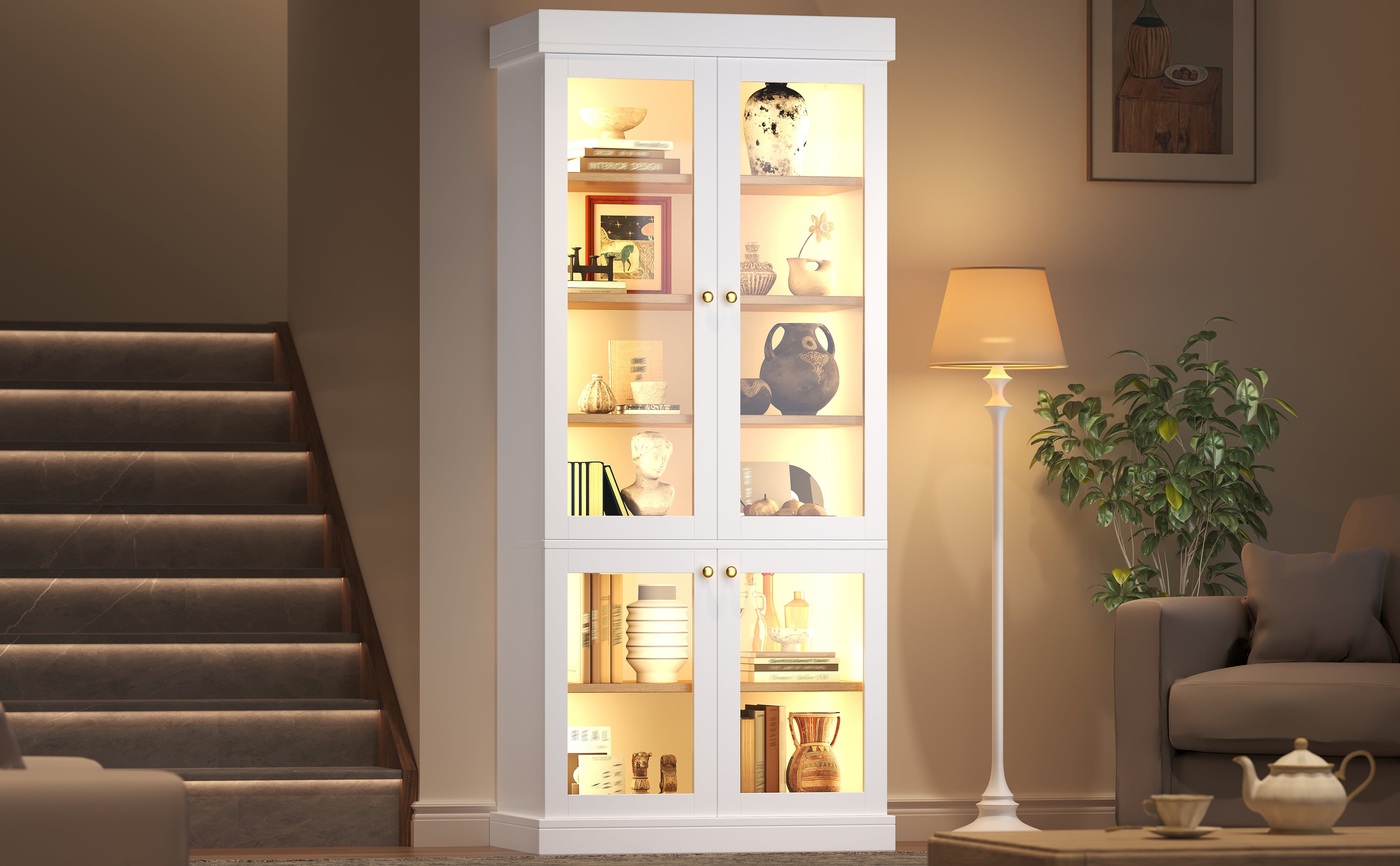 Modern freestanding cabinet with integrated LED mood lighting, glass display case, well-designed interior layout and anti-tip protection; stable, safe and versatile for the home; white.