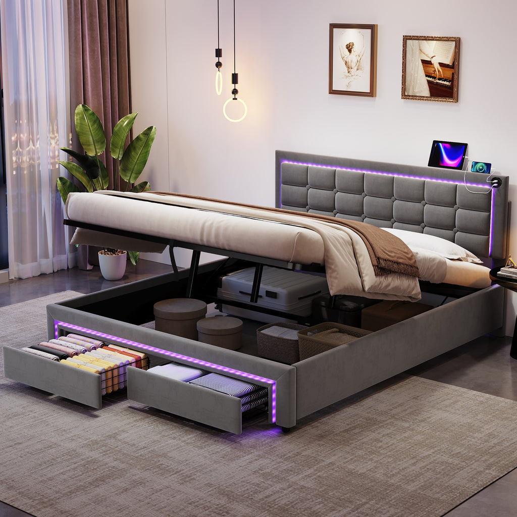 5ft King Upholstered Bed Frame with Hydraulic and Drawers Storage, LED Adjustable Button Tufted Headboard with Charging Station, Velvet Hydraulic Bed with RGB LED Lighting, Grey (No Mattress)