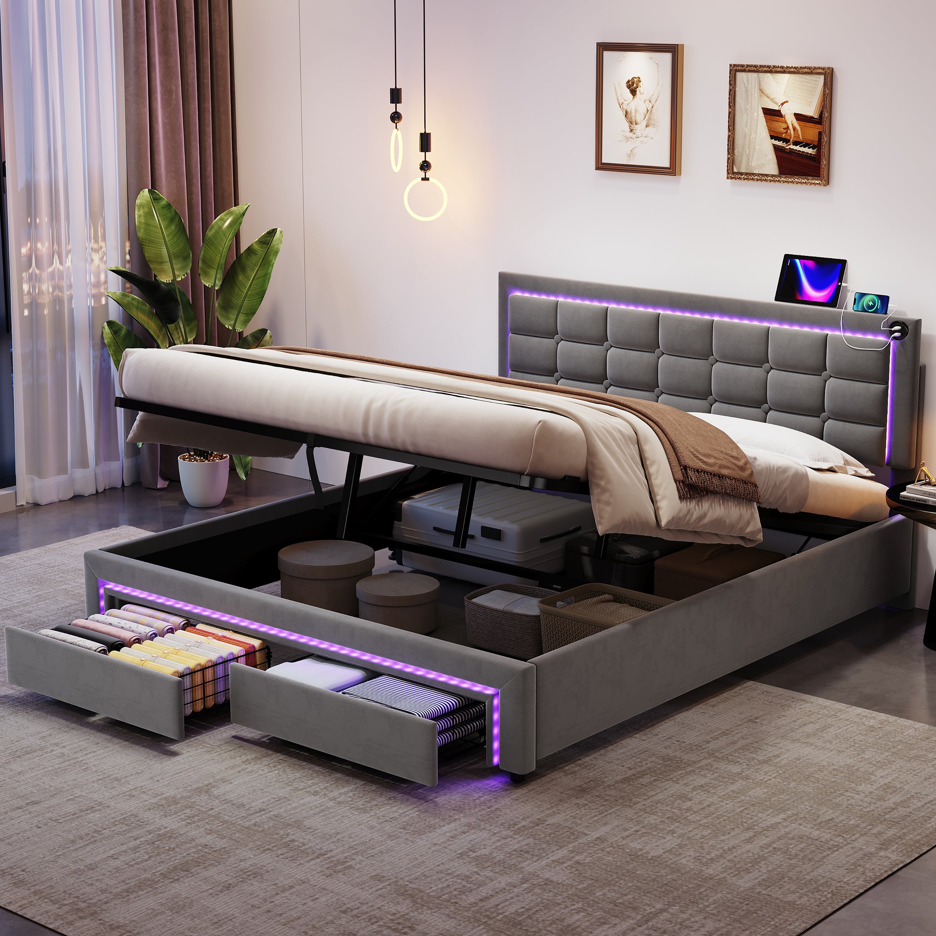 4ft6 Double Upholstered Bed Frame with Hydraulic and Drawers Storage, LED Adjustable Button Tufted Headboard with Charging Station, Velvet Hydraulic Bed with RGB LED Lighting, Grey (No Mattress)