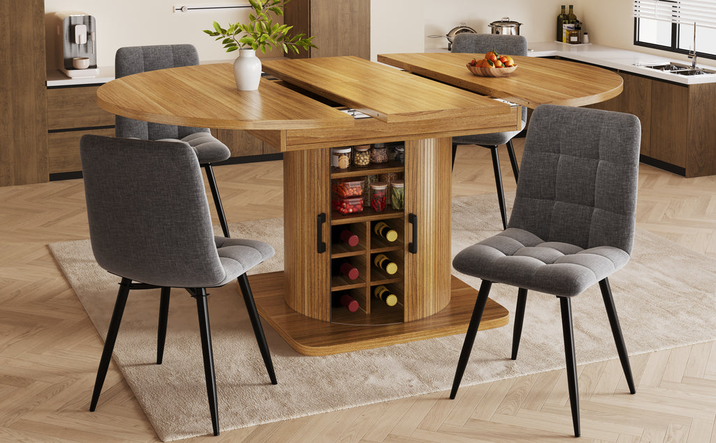 Extendable dining table with storage, multifunctional folding table with wine rack, space-saving kitchen table for small rooms and dining rooms, MDF tabletop, natural brown