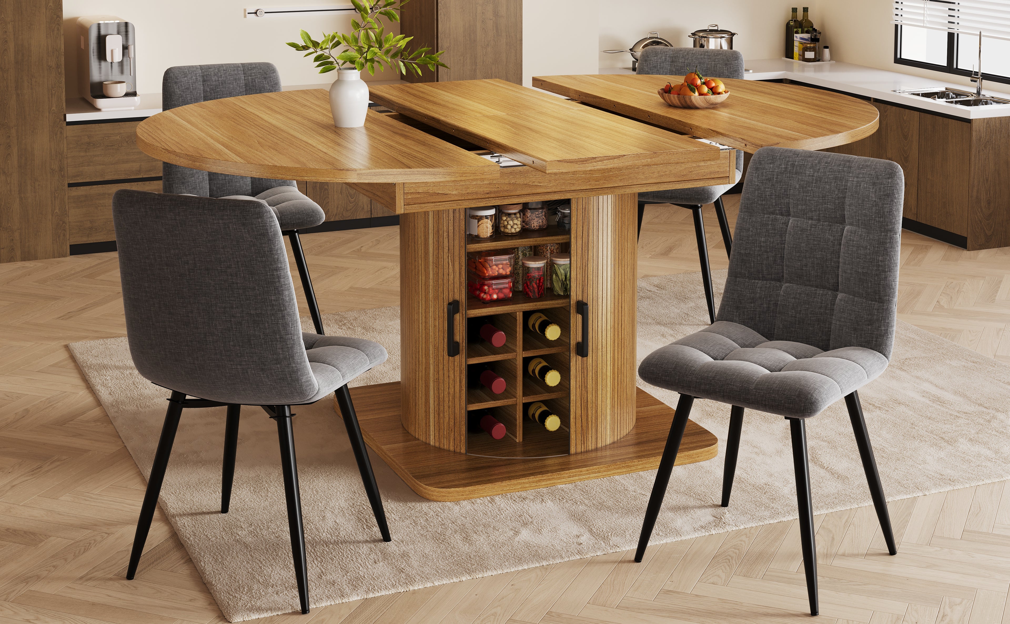 Extendable dining table with storage, multifunctional folding table with wine rack, space-saving kitchen table for small rooms and dining rooms, MDF tabletop, natural brown
