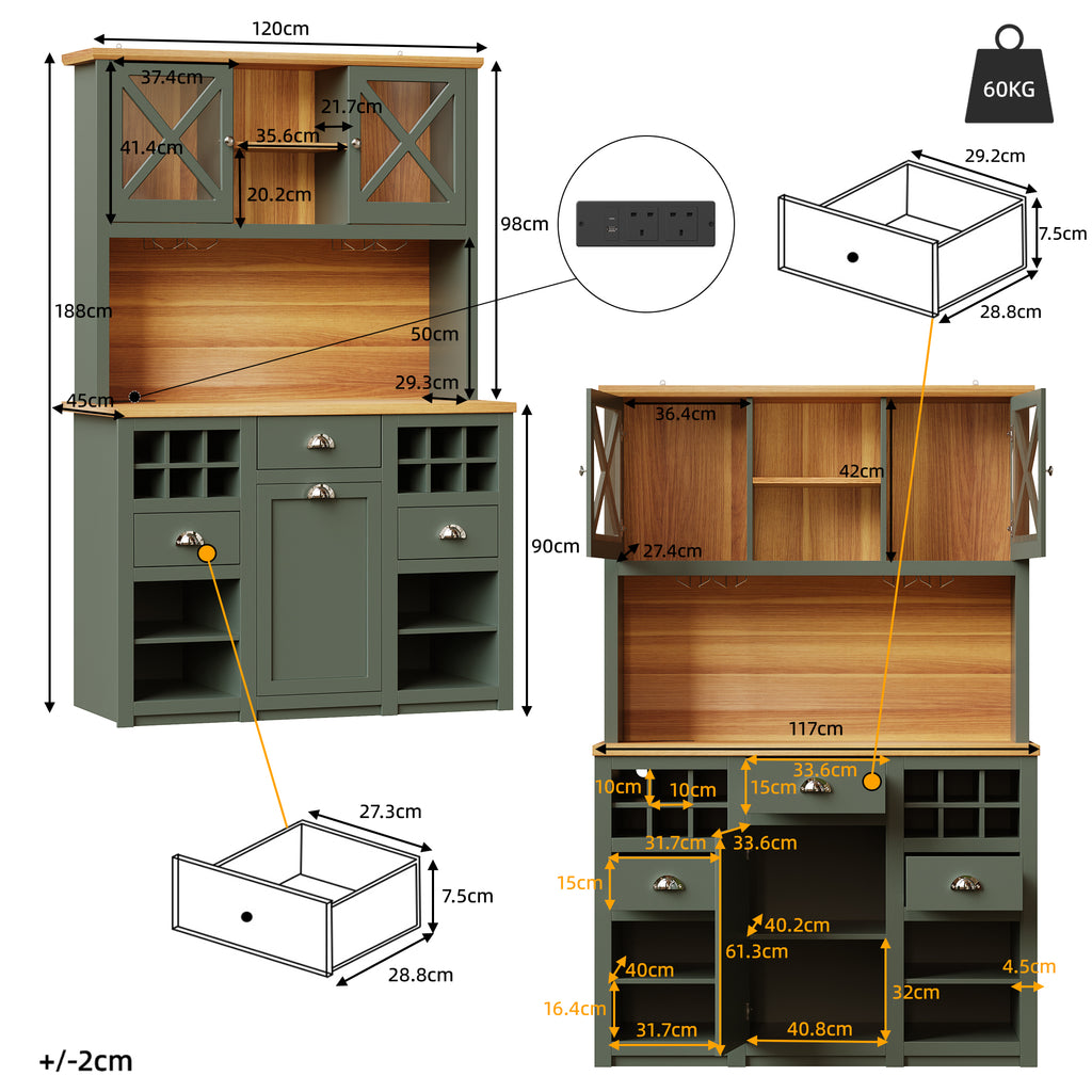 Kitchen cabinets (120 x 45 x 188 cm), tall kitchen cabinets, sideboards, kitchen cabinets with glass doors and LED lighting, side cabinet with wine rack, adjustable shelves, green