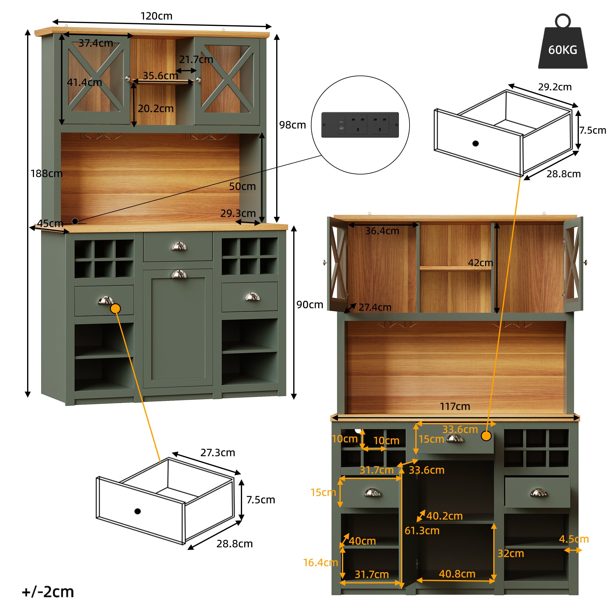 Kitchen cabinets (120 x 45 x 188 cm), tall kitchen cabinets, sideboards, kitchen cabinets with glass doors and LED lighting, side cabinet with wine rack, adjustable shelves, green
