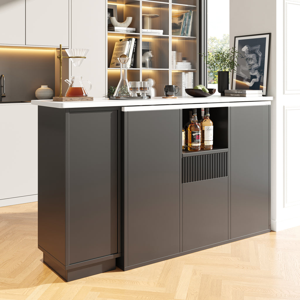 360° swivelling bar table (main body 198.5 x 30 x 75 cm), modern and sleek design, with open storage space and marble worktop, suitable for kitchen, living room and dining room, black