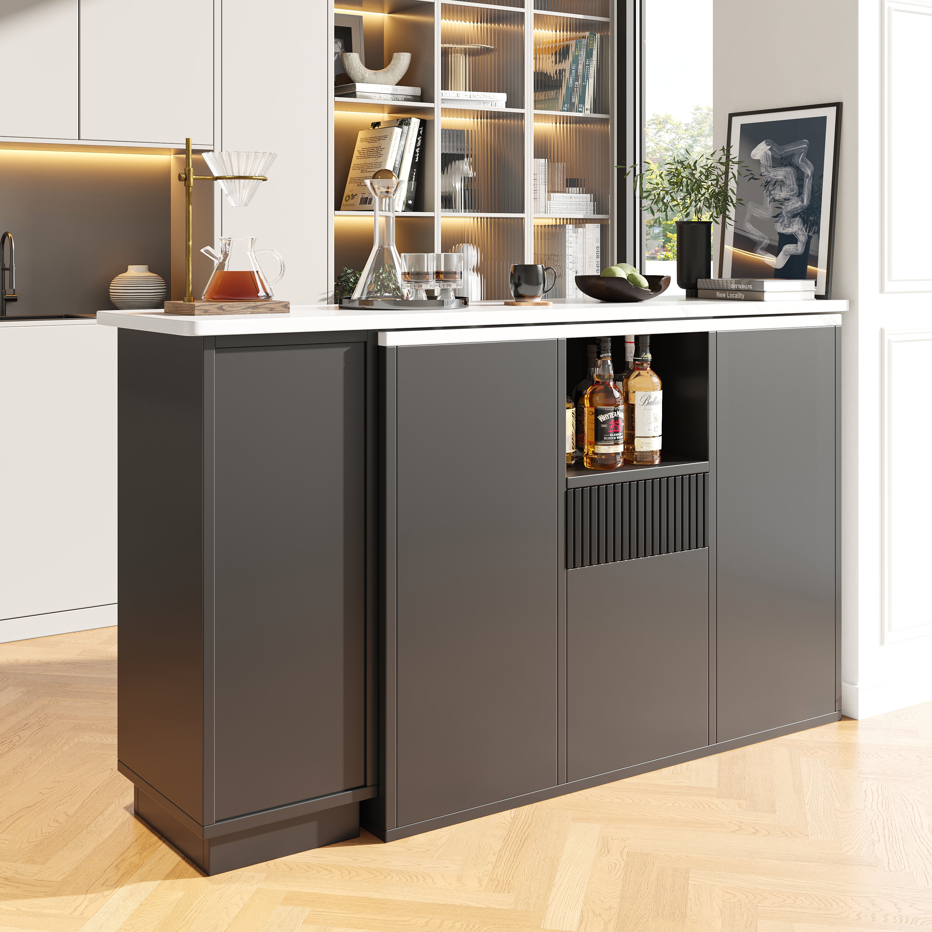 360° swivelling bar table (main body 198.5 x 30 x 75 cm), modern and sleek design, with open storage space and marble worktop, suitable for kitchen, living room and dining room, black
