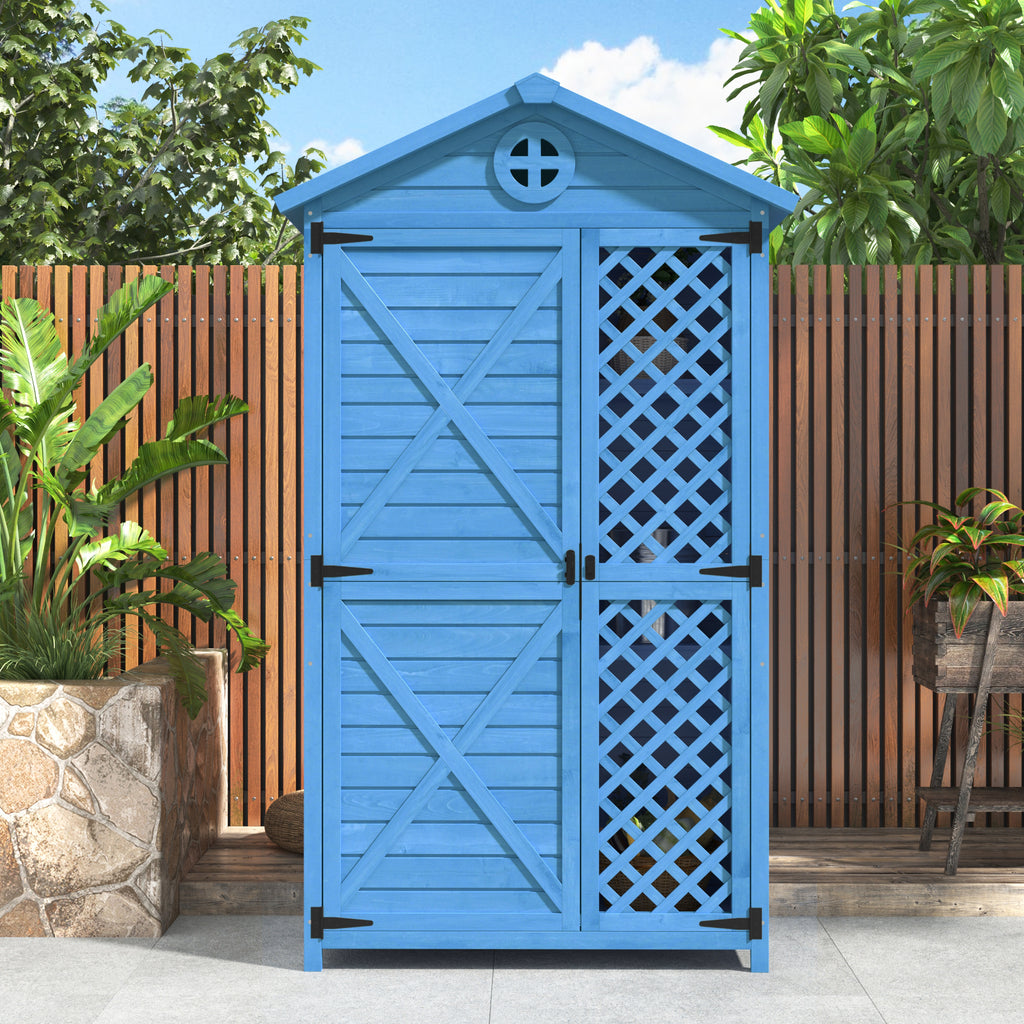 Outdoor Wood Garden Furniture Storage Shed, Tool House with Ventilation Slots for Backyard, Patio, Fade Free, All Weather Resistant, Safe and Secure, Zero Maintenance, Blue