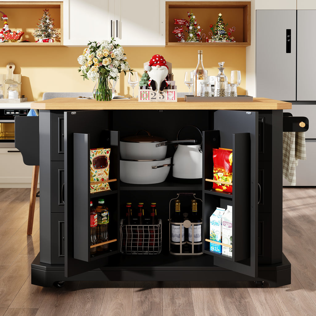 Mobile Kitchen Island Cart on Wheels - Cabinet with 2 Doors & 6 Drawers, Adjustable Width 45-75cm, White/Black
