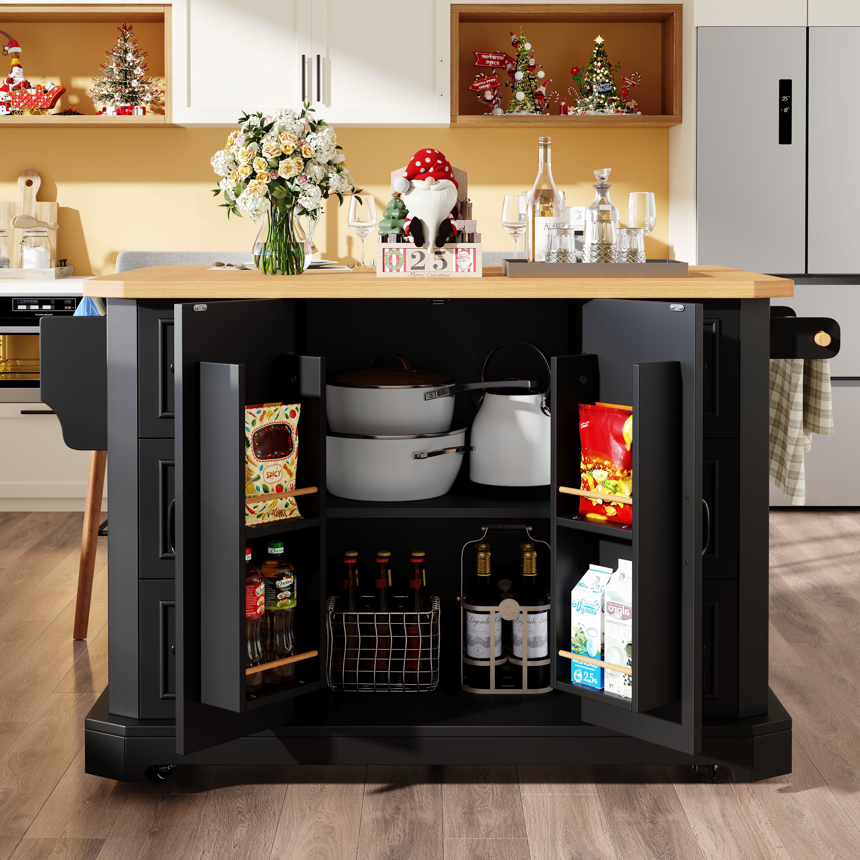 Mobile Kitchen Island Cart on Wheels - Cabinet with 2 Doors & 6 Drawers, Adjustable Width 45-75cm, White/Black