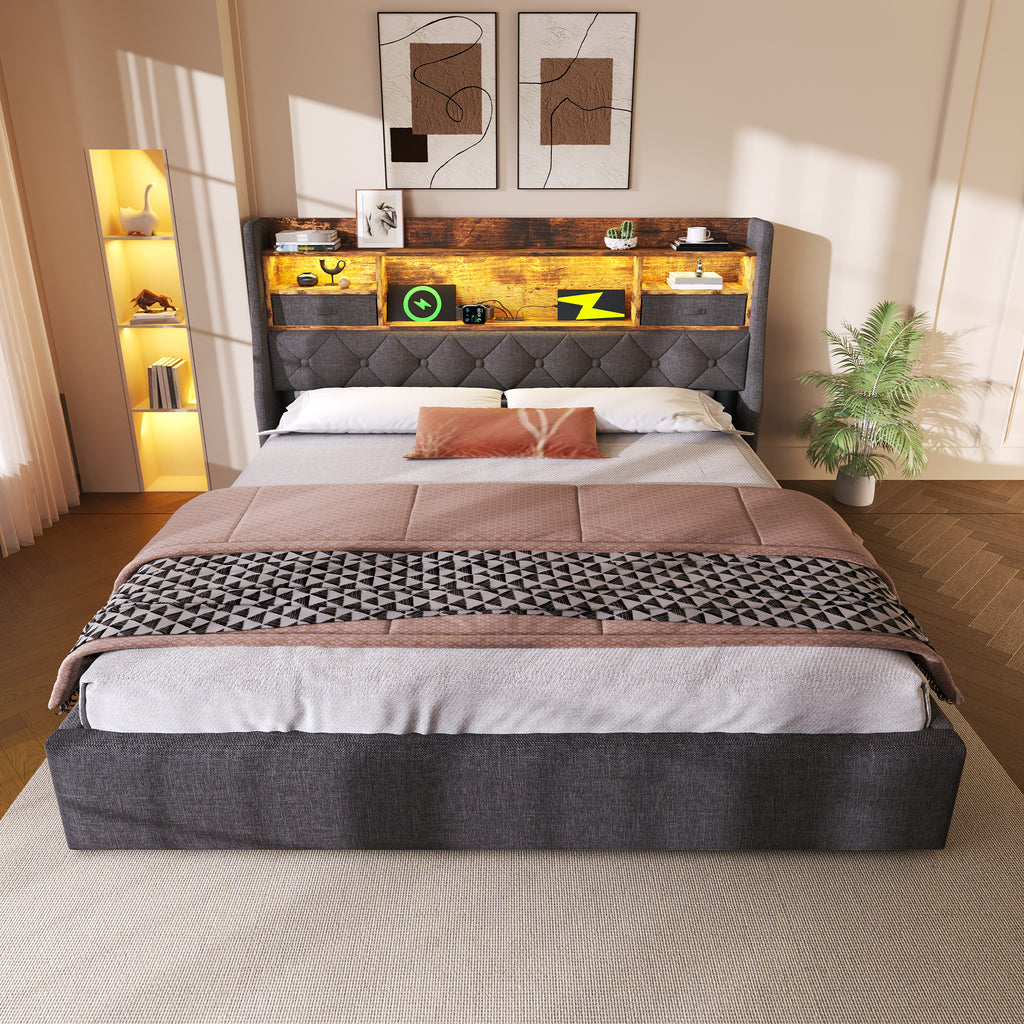 Upholstered King Bed 5ft Hydraulic Bed with LED Lighting, USB Type-C Charging, Storage Headboard for Cellphones & Tablets, 150 x 200 cm King Bed with Metal Slatted Frame, Linen, Grey (No Mattress)