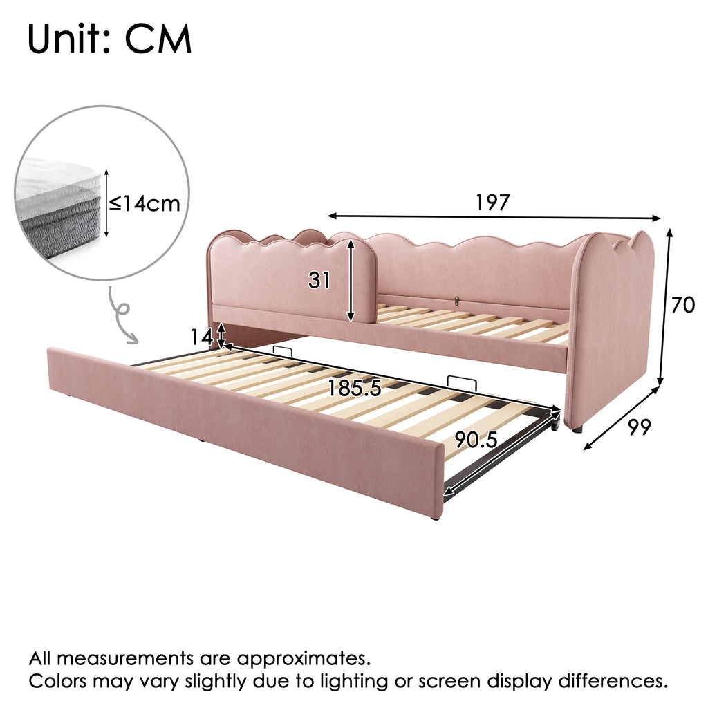 Upholstered Bed Daybed 90 x 190 cm, 3FT Single Bed with Pull out Trundle, Sofa Bed For Adults and Children, Single Daybed With Slatted Frame, Velvet, Pink (No Mattress)