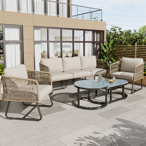 Outdoor Patio&Backyard Furniture Garden Lounge Set, Thick Quality Space Saving Sofas with Glass Coffee Table, Beige