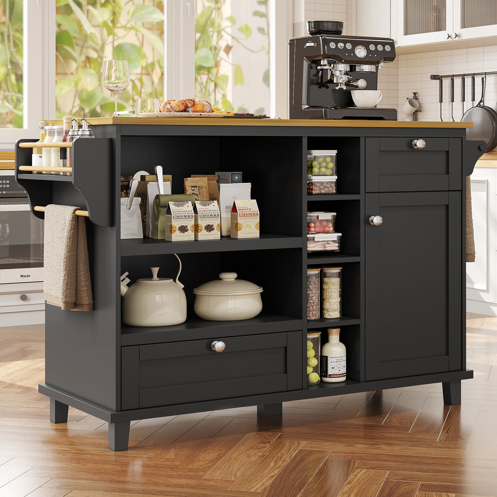 Dining trolley (129 x 46 x 92 cm), modern and simple black mobile kitchen dining trolley with drawers and storage cupboards, light brown wooden worktop, suitable for modern families, black