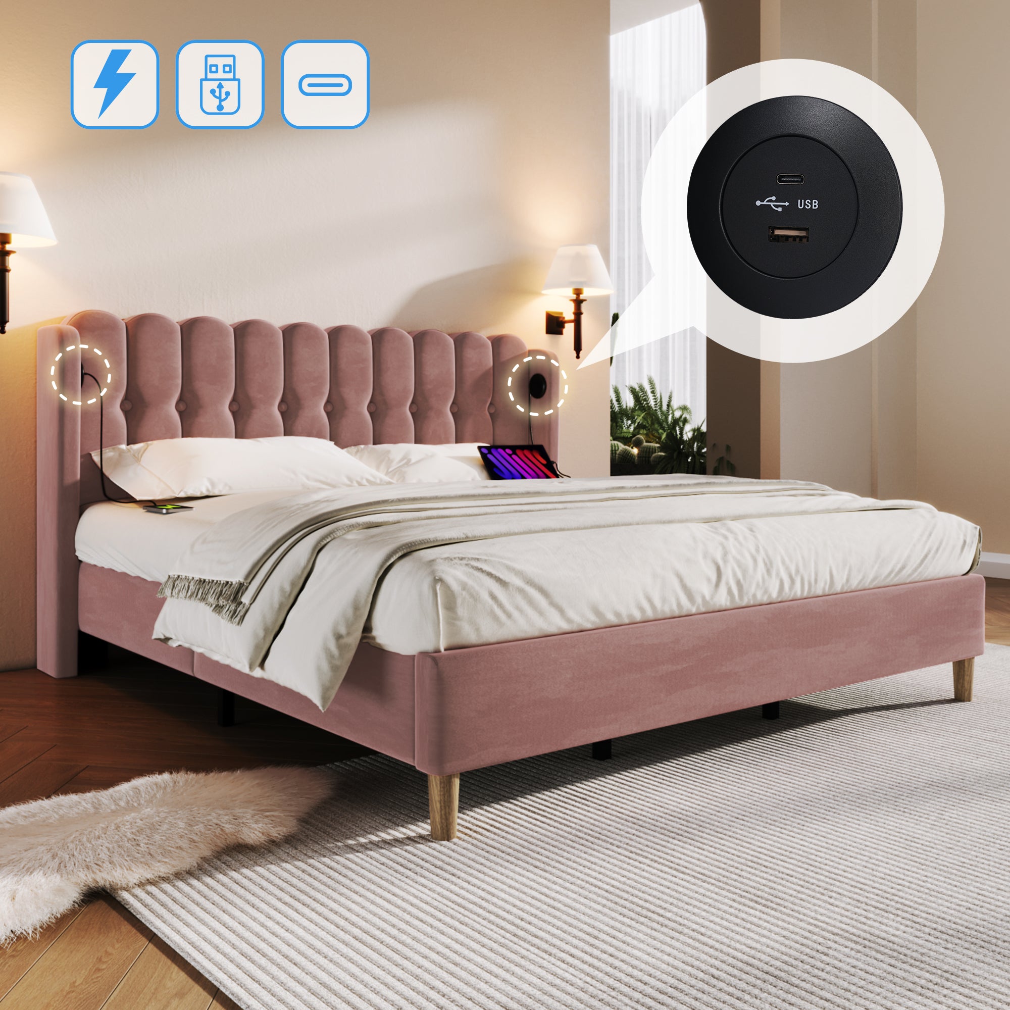 Upholstered Double Bed with USB and Type-C Charging, Bed Frame with Wooden Slatted Frame, Teenager Bed for Bedroom & Guest Room, 4ft6 135 x 190 cm Bed Frame, Pink, Velvet Material (No Mattress).