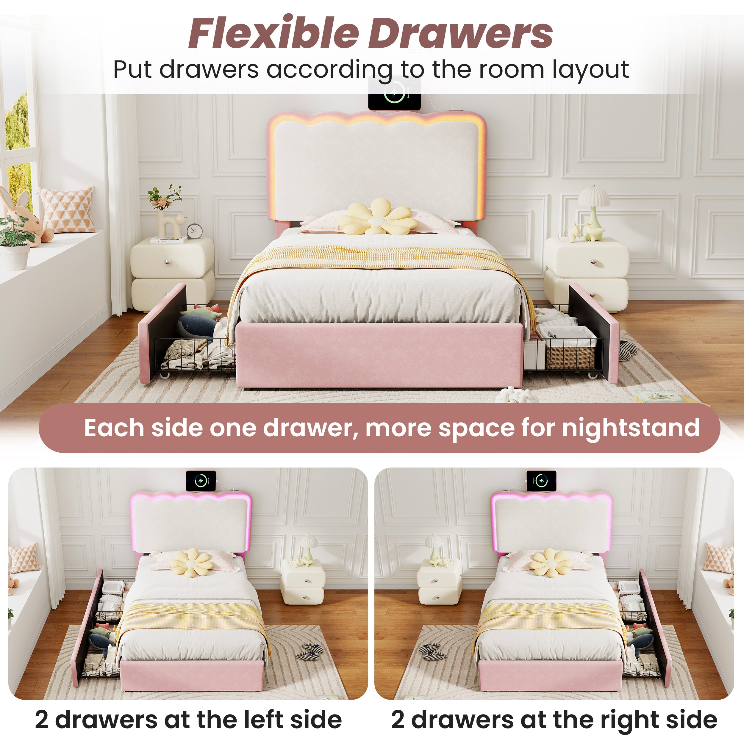 3ft Single Upholstered Bed with Adjustable LED Wavy Headboard, Soft Velvet Bed Frame with 2 Storage Drawers, Bed Frame with Solid Wood Slat, Easy Assembly, Pink+Cream White (No Mattress)