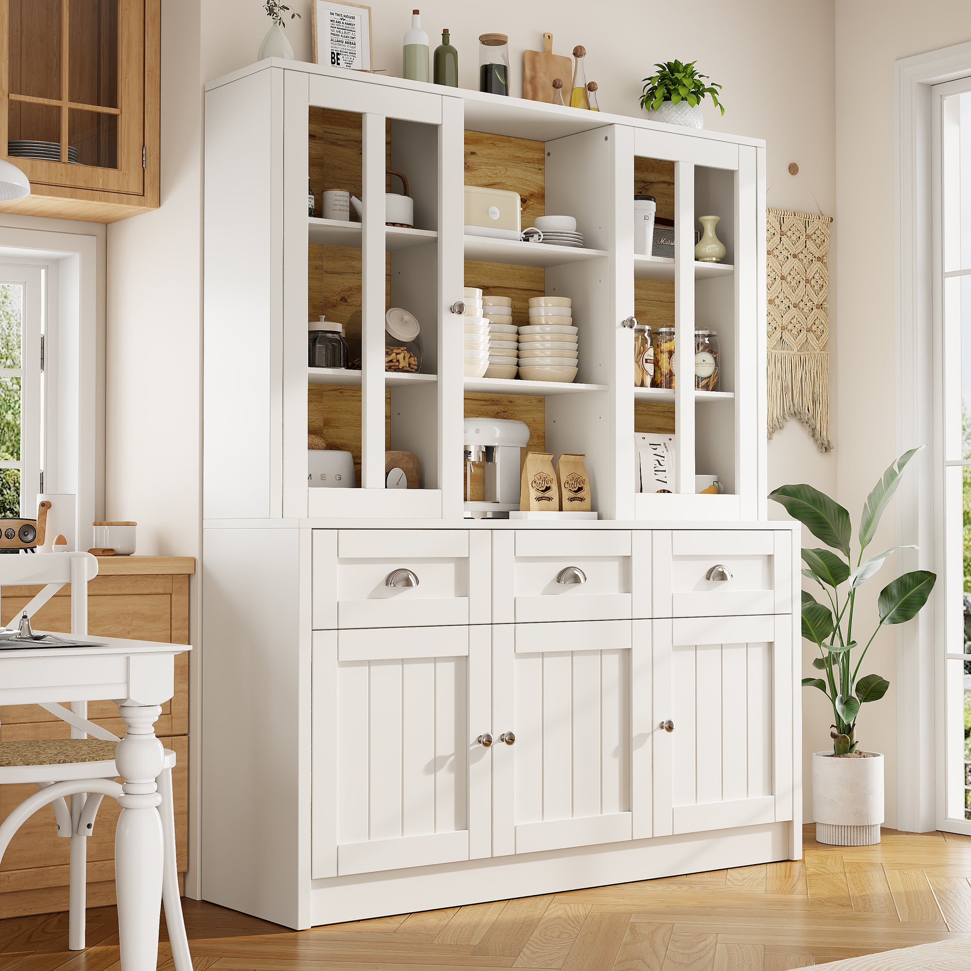 Tall Cabinets for Living Room (140×38.5×175cm), Display Cabinet, Kitchen Cabinet, Dining Room Cabinet with Drawers, Modern Minimalist Tall Cabinet, Freestanding Display Cabinet, White