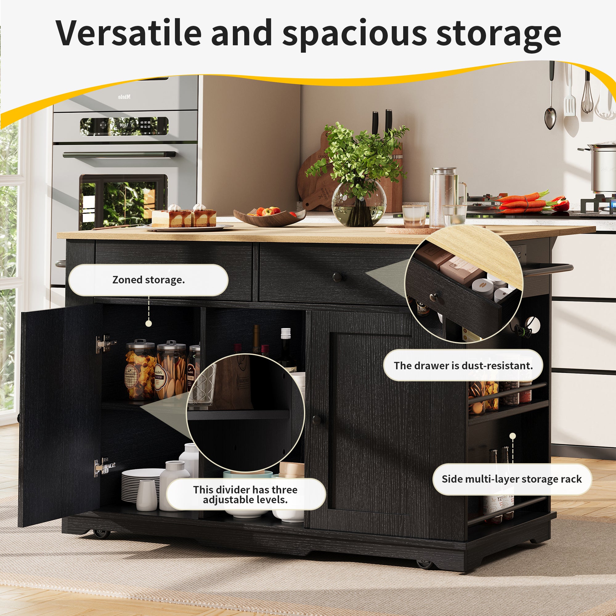 Kitchen island, kitchen trolley equipped with power strip, kitchen cabinet, serving trolley with worktop, buffet cabinet, dining trolley with wood grain, black