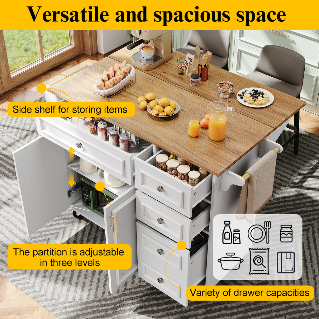 Kitchen island (110×45-75×92cm), removable serving trolley buffet cabinet, dining trolley with vintage pattern, buffet cabinet, multifunctional dining table with storage space, White