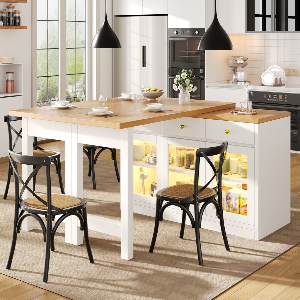 Extendable Kitchen Island with LED Lights, 120-200cm Adjustable Dining Table with Storage, 3 Drawers & Glass Cabinets, White/Black