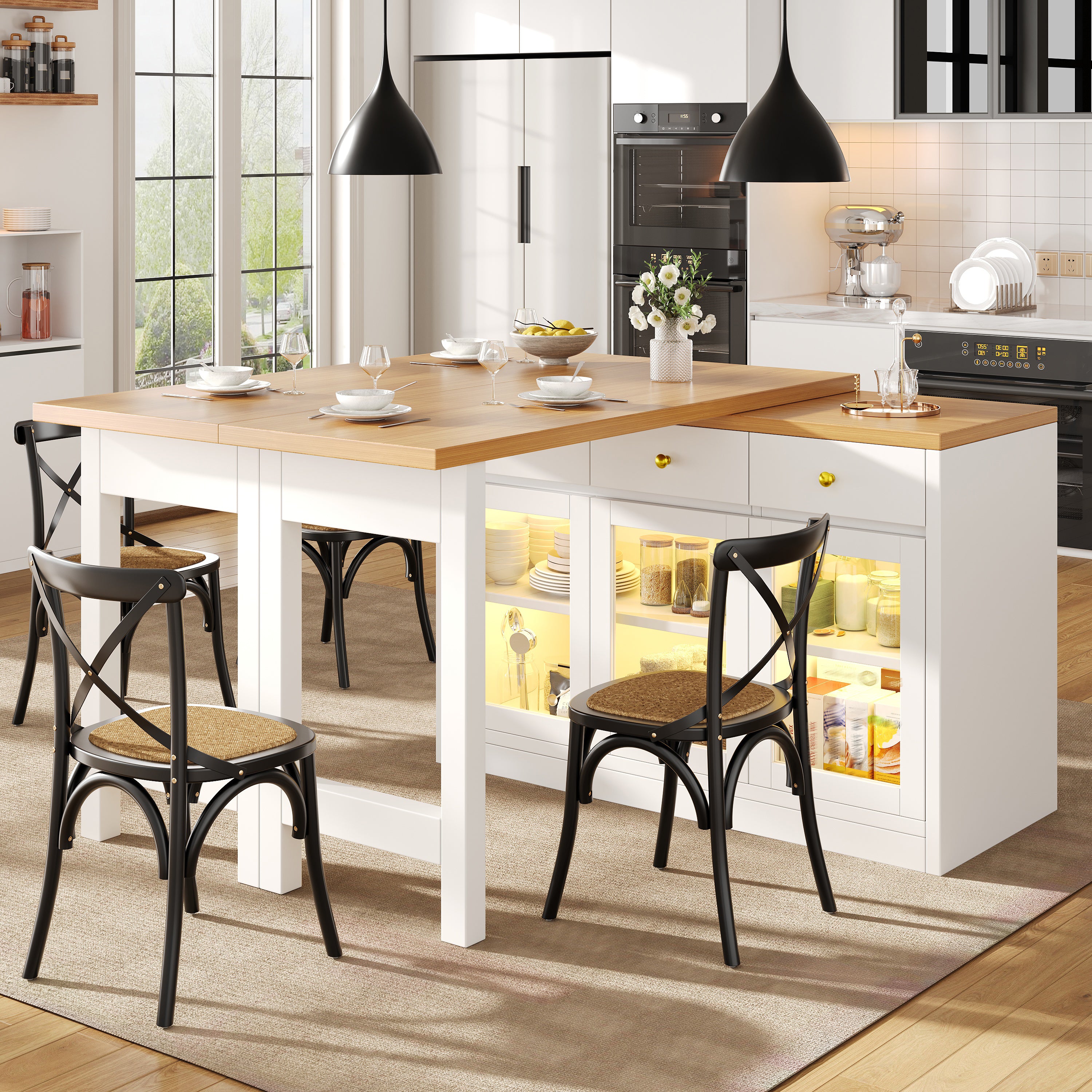 Extendable Kitchen Island with LED Lights, 120-200cm Adjustable Dining Table with Storage, 3 Drawers & Glass Cabinets, White/Black