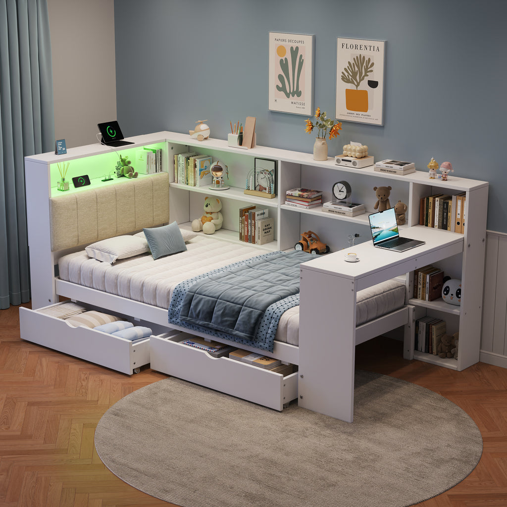 3ft Single L-Shape Daybed with Storage Drawers and Bookcase Storage, LED Linen Concealed Headboard Storage with Charging Station, Wood Bed for Living Room/ Bedroom/ Study Room, White (No Mattress)