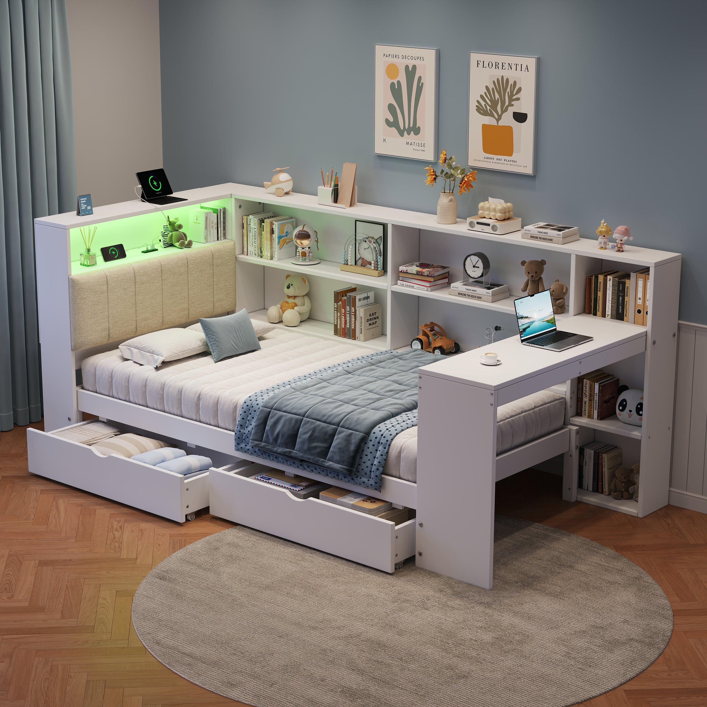 3ft Single L-Shape Daybed with Storage Drawers and Bookcase Storage, LED Linen Concealed Headboard Storage with Charging Station, Wood Bed for Living Room/ Bedroom/ Study Room, White (No Mattress)