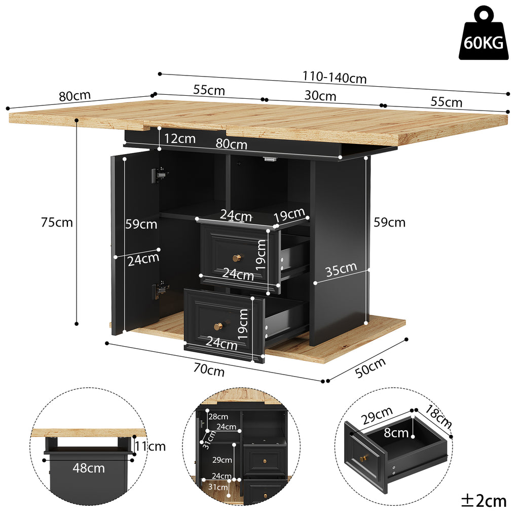 Extendable dining table 110(140) x 80 x 75 cm, wooden table for kitchen & dining room - 6 people dining table - dimensions suitable for terrace and garden