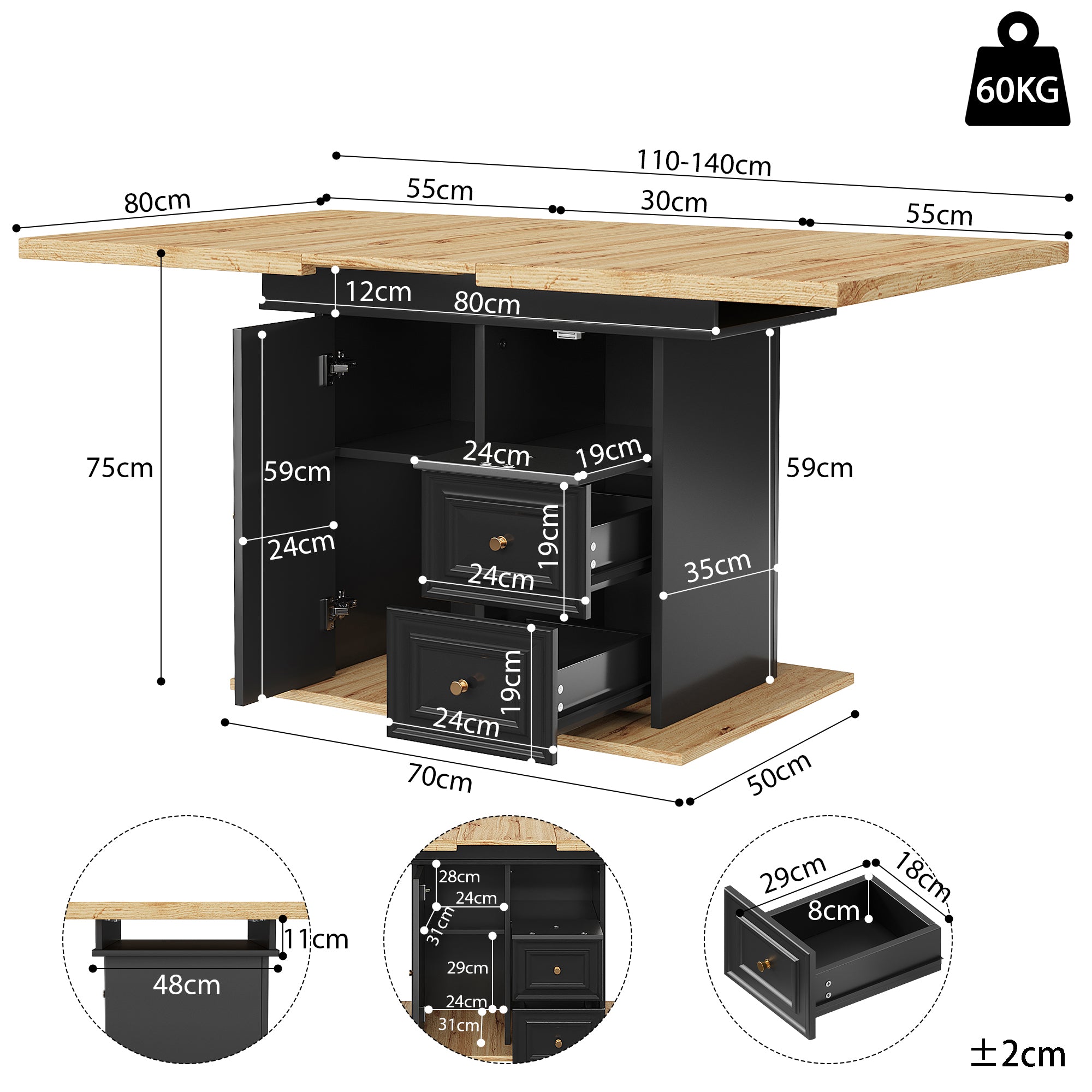 Extendable dining table 110(140) x 80 x 75 cm, wooden table for kitchen & dining room - 6 people dining table - dimensions suitable for terrace and garden