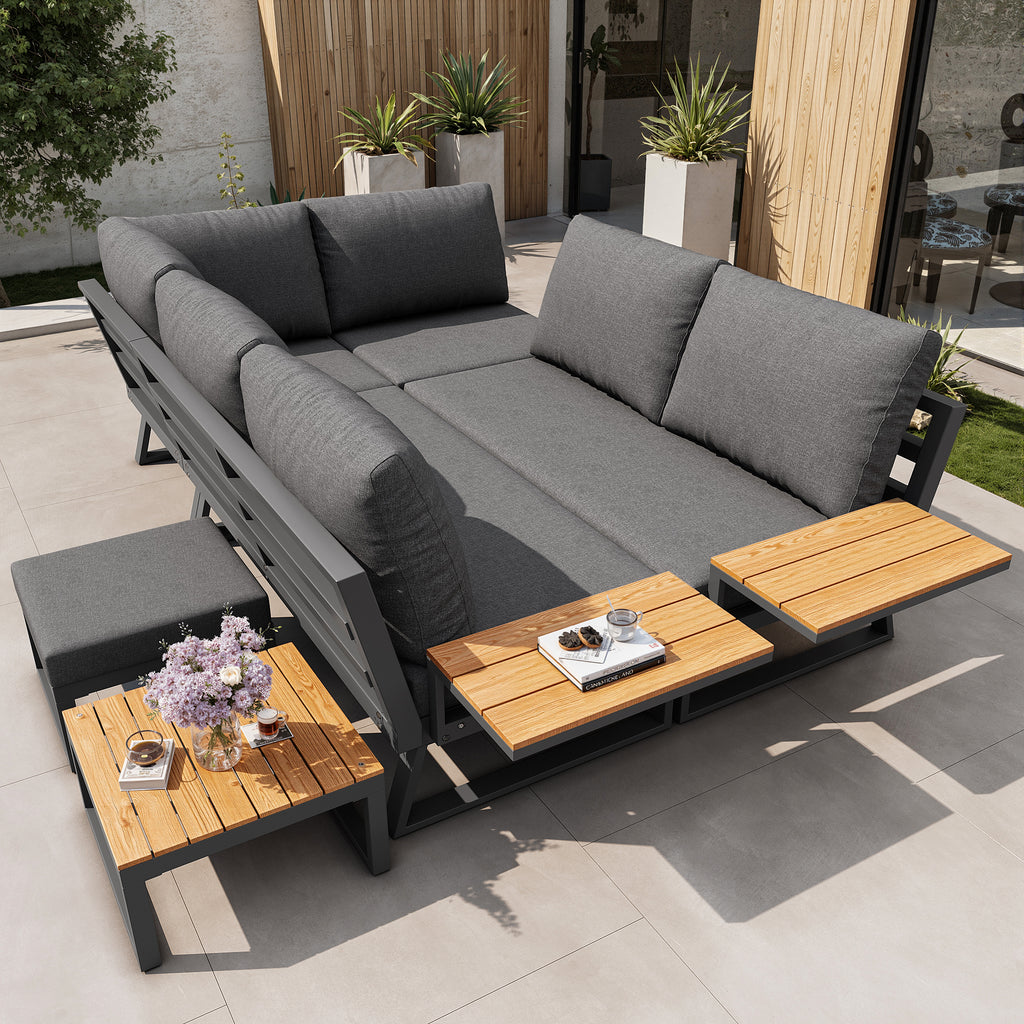 L-Shaped Garden Sofa Set with Wooden Armrests / Weather-Resistant Corner Suite & Daybed Made of Iron / Including Wooden Table, Armchair & Stool, 7-Person / With Cushions / Gray