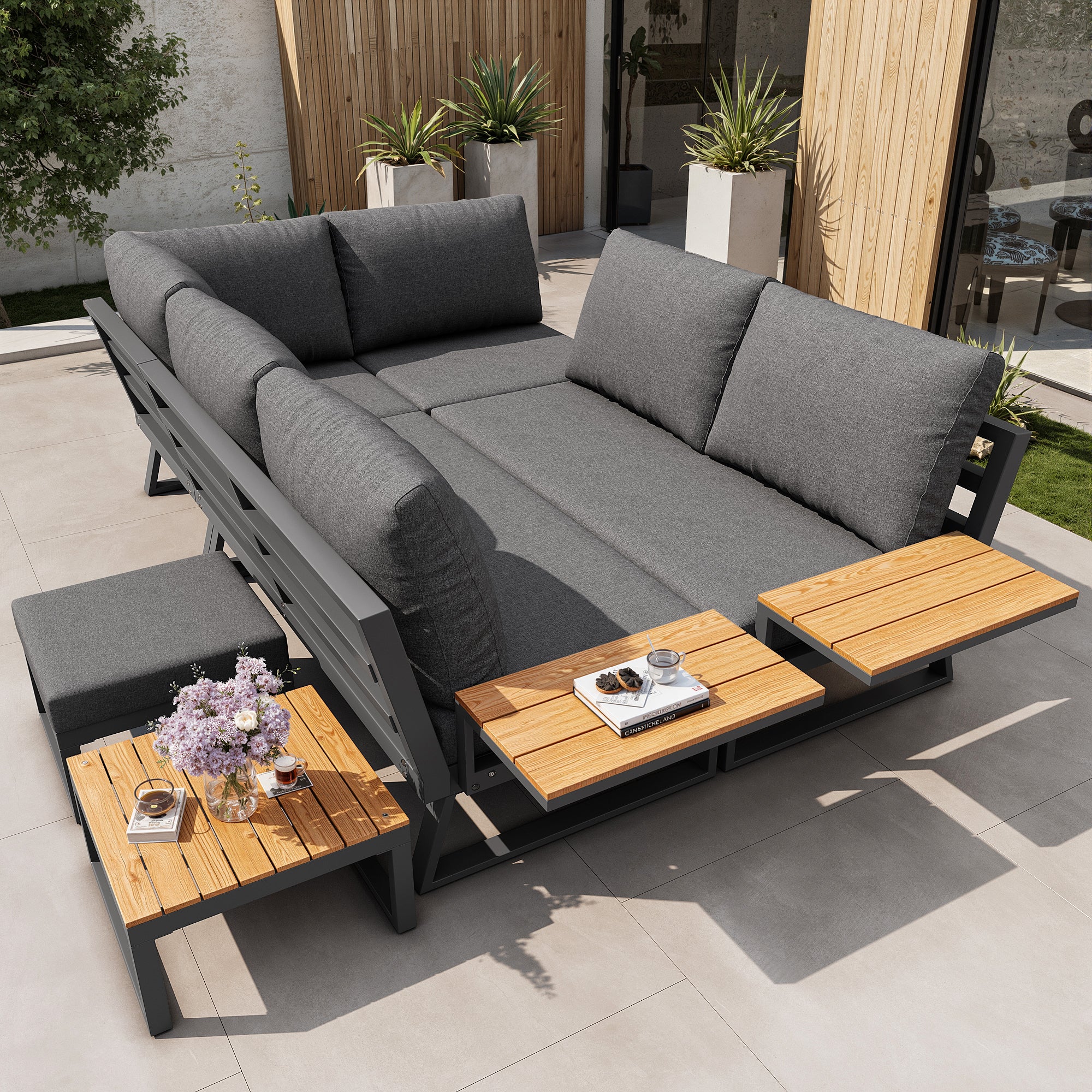 L-Shaped Garden Sofa Set with Wooden Armrests / Weather-Resistant Corner Suite & Daybed Made of Iron / Including Wooden Table, Armchair & Stool, 7-Person / With Cushions / Gray