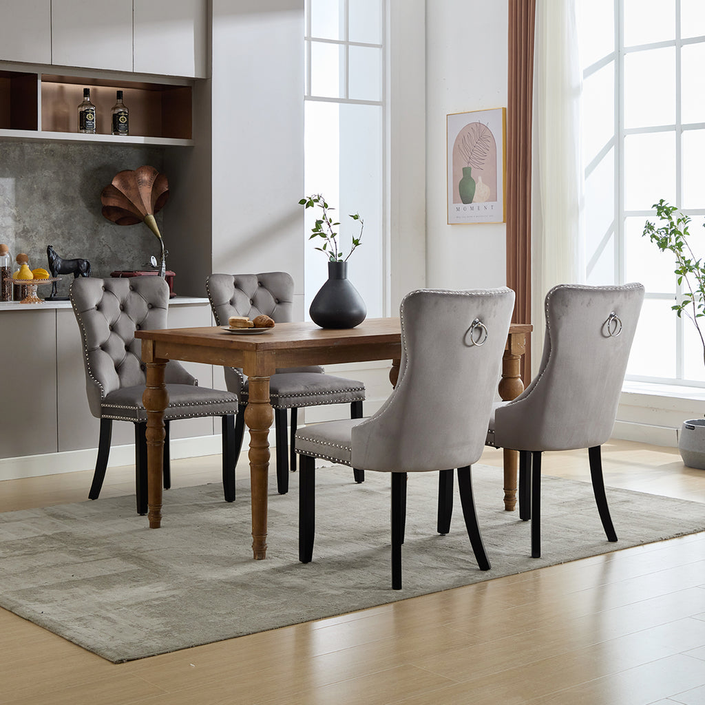 Modern Set of 4 Upholstered Velvet Dining Chairs, Button Tufted Kitchen Lounge Chairs with Solid Wood Legs, Riveted Trim and Knocker Ring, for Dining Room Living Room, Grey