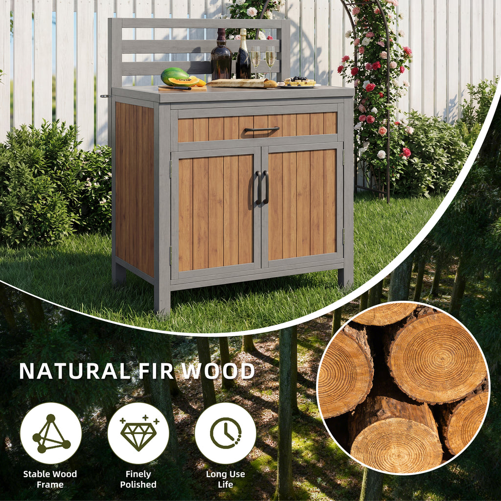 Wooden garden cabinet, weatherproof outdoor storage cabinet, outdoor cupboard with large work surface & drawer, grill station with adjustable shelves, weatherproof kitchen cabinet for patio, balcony