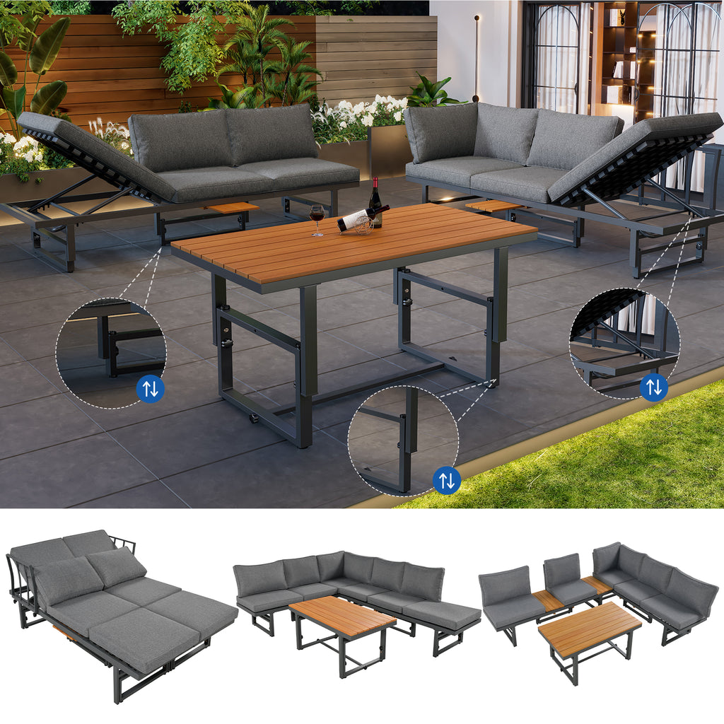Outdoor Garden Furniture Set With 2 Sofas and Table with Galvanised Iron Frame, Adjustable Backrests, Adjustable Table, Acacia Wood, Including All Seat Cushions and Pillows, Grey