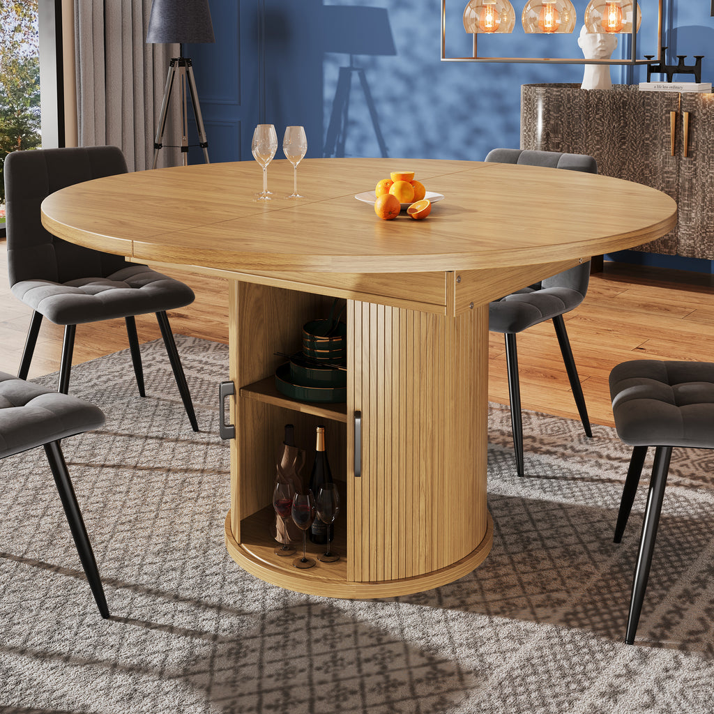 Extendable dining table, dining room table, kitchen table, balcony table, extendable table top Round dining table, extends to oval, 118–158 cm, seats up to 6 people, natural