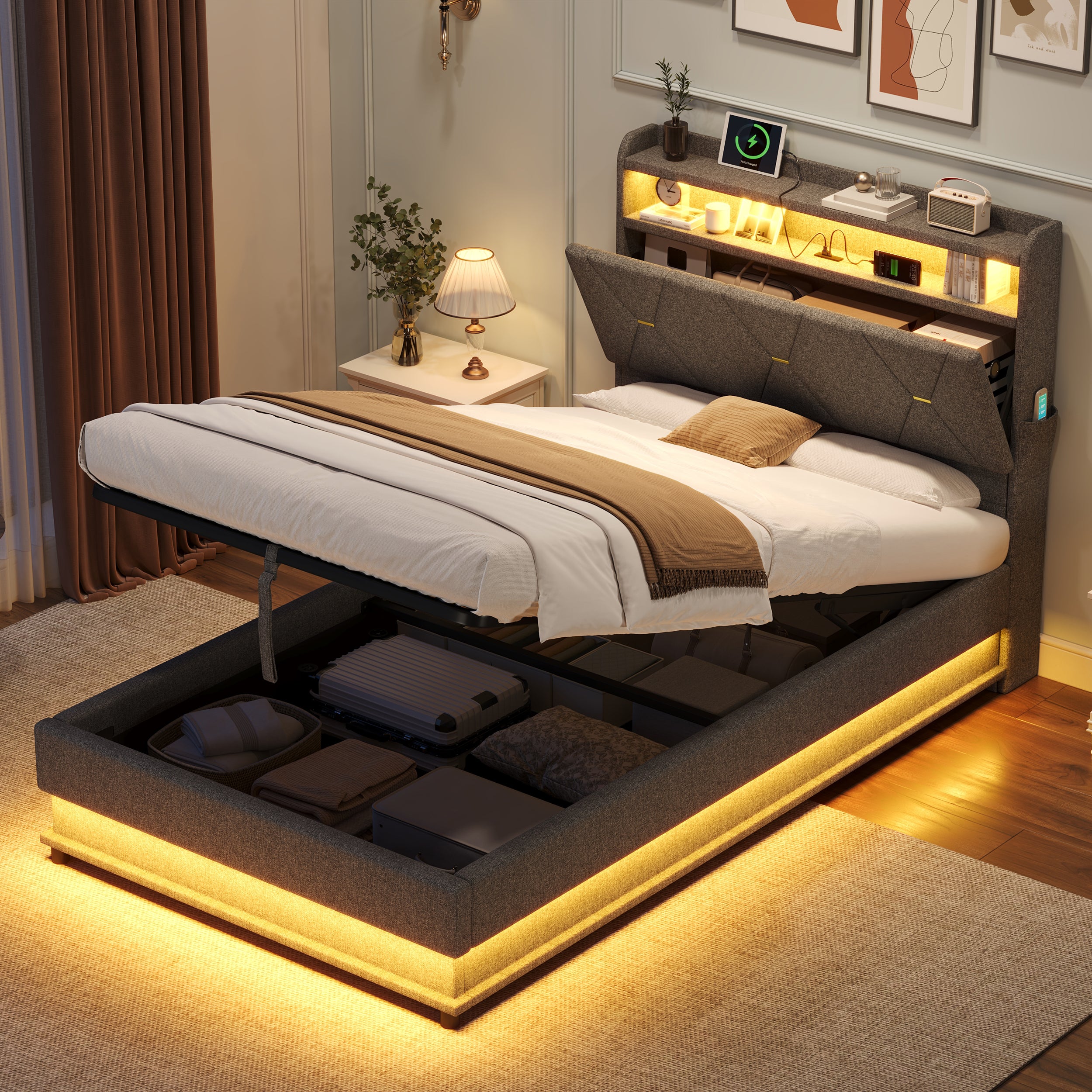 3ft Single Upholstered Bed Frame with Hydraulic Storage,  LED Headboard with Charging Station and Concealed Headboard Storage, USB and Type - C Ports, Linen, No Box Spring Needed, Grey (No Mattress)