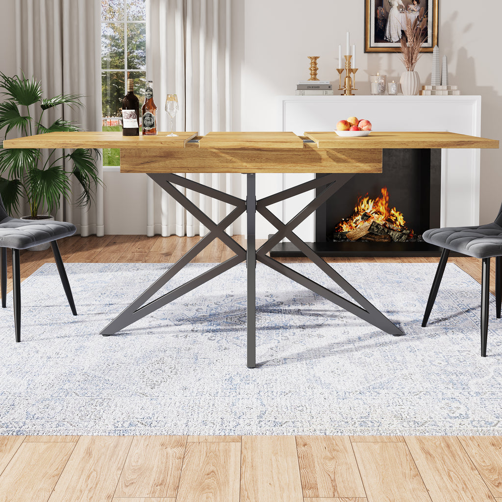 Extendable dining table 120-160 x 80 cm, extendable kitchen table, breakfast table, star-shaped table legs, black iron legs, Walnut-coloured tabletop