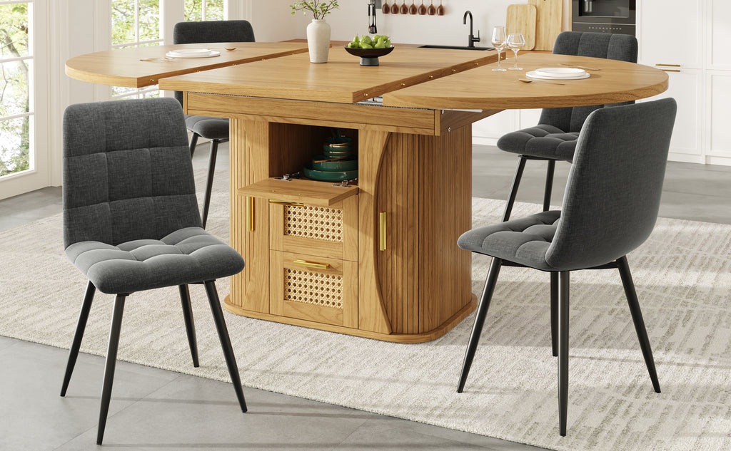 Extendable dining table with storage, 118–158cm table with rattan drawers, MDF wood look, black / natural wood / oak look