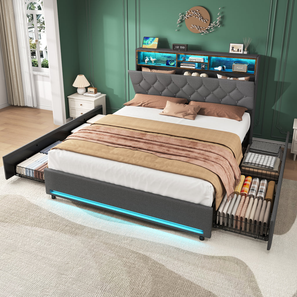 Double Bed with 4 Storage Drawers, Bed Frame with Concealed Headboard Storage, Button Tufted Headboard with RGB LED Lighting and Charging Station, Linen, Grey(No Mattress)